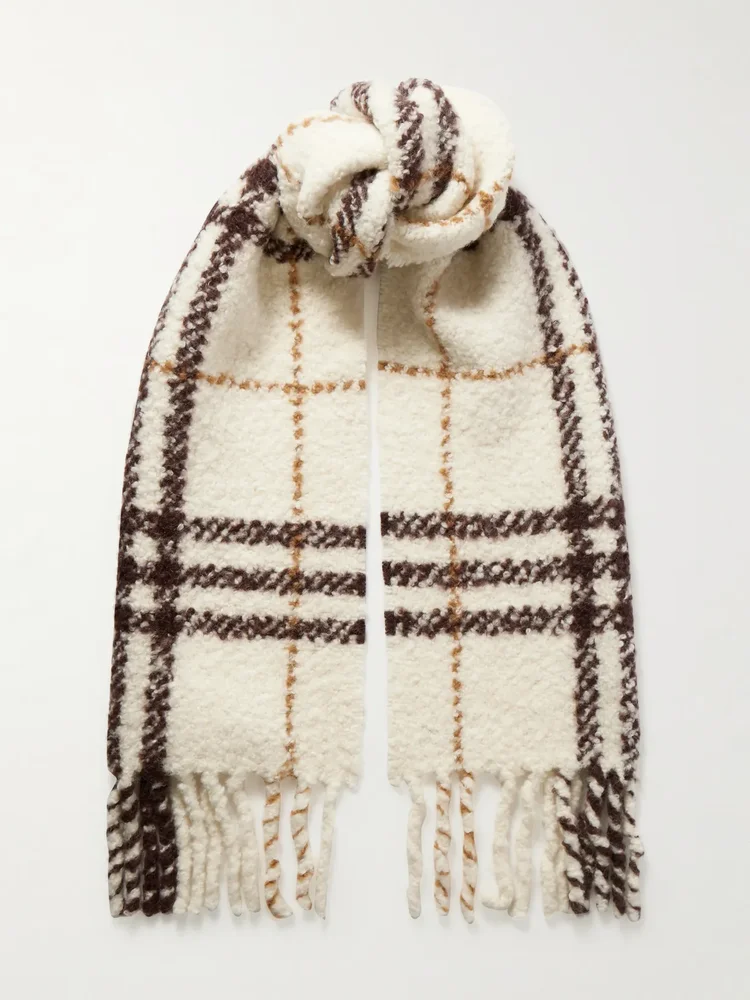 fringed checked alpaca blend boucle scarf
