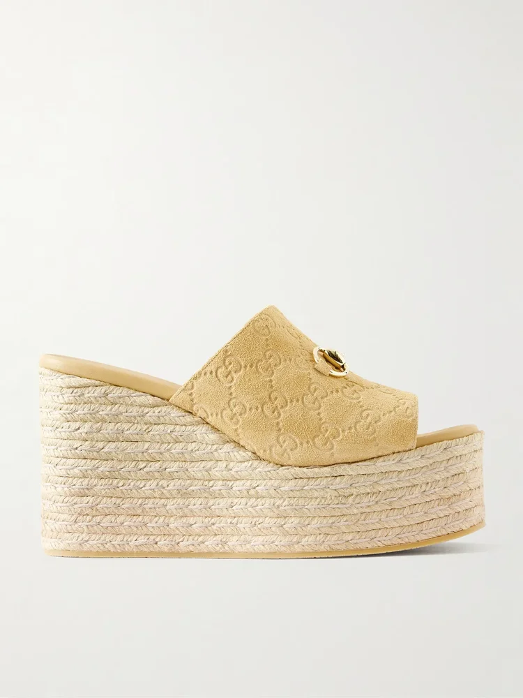 Horsebit-embellished logo-debossed suede espadrilles wedges mules
