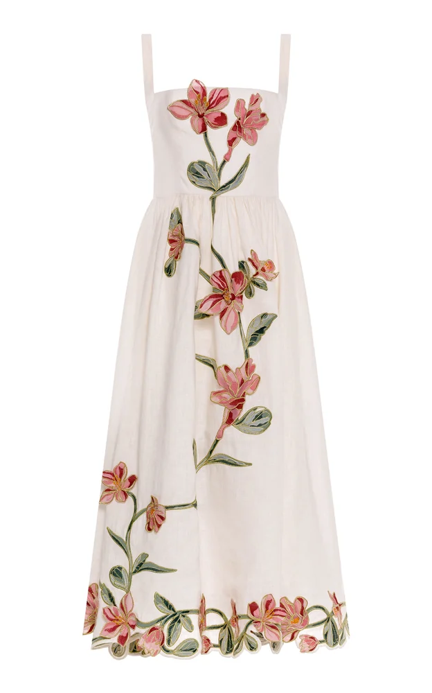 Mielero Castillo Embroidered Linen Midi Dress