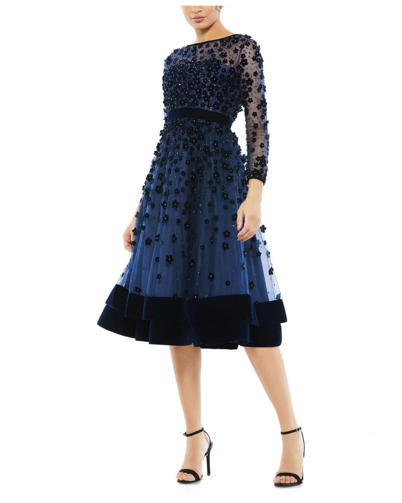 Embellished Illusion High Neck Long Sleeve Fit & Flare