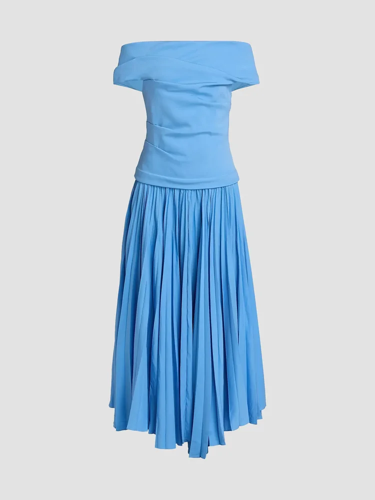 Haileypark Off-The-Shoulder Drop-Waist Maxi Dress in Blue