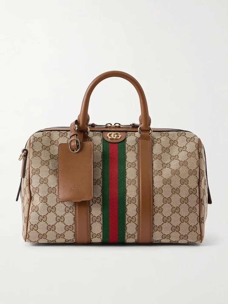 Ophidia webbing and leather-trimmed canvas-jacquard shoulder bag