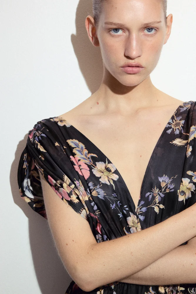 Draped Tie-Detail Dress (Black/floral)