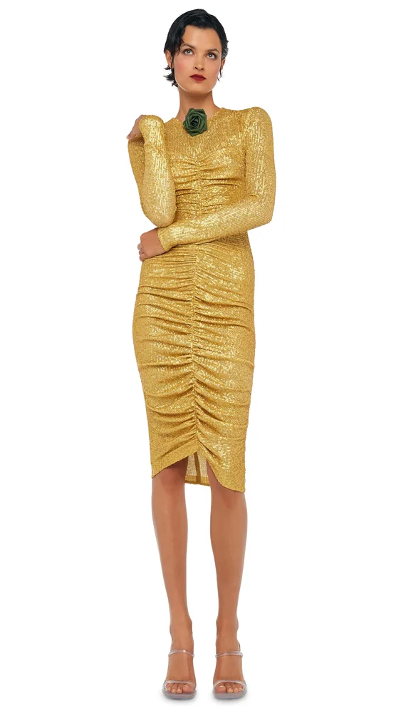 LS V NECK SHIRRED FRONT DRESS