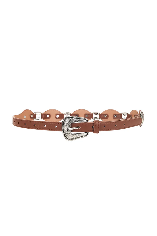 EMBLEM FAUX LEATHER WOVEN BELT - BURGUNDY