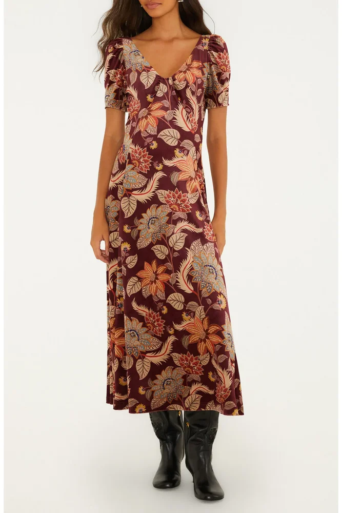 Delhi Floral Stretch Velvet Midi Dress