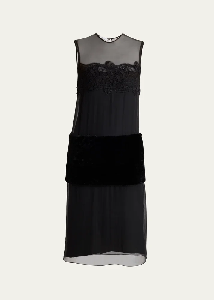 Silk Chiffon Velvet Panel Sleeveless Midi Dress