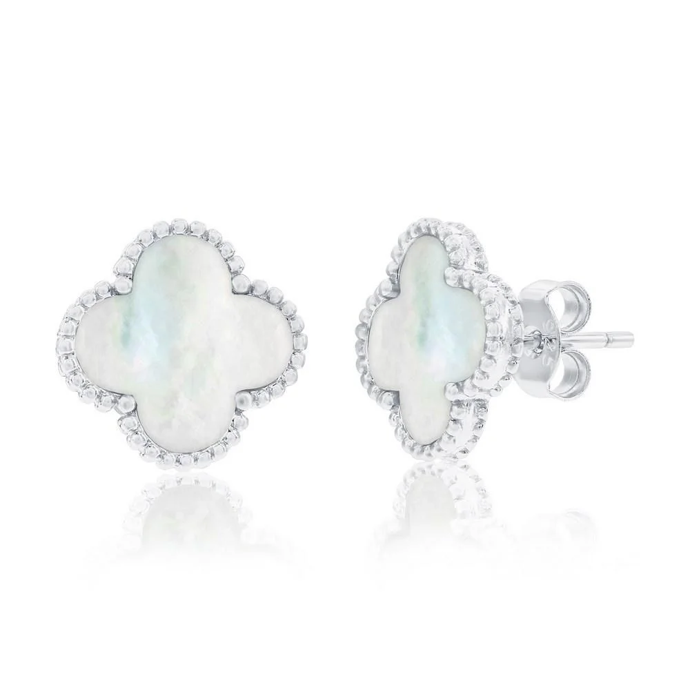 Sterling Silver, Mother of Pearl Clover, Beaded Outline Studs