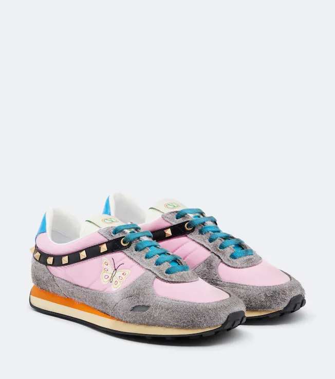 Rockstud embroidered suede-trimmed sneakers