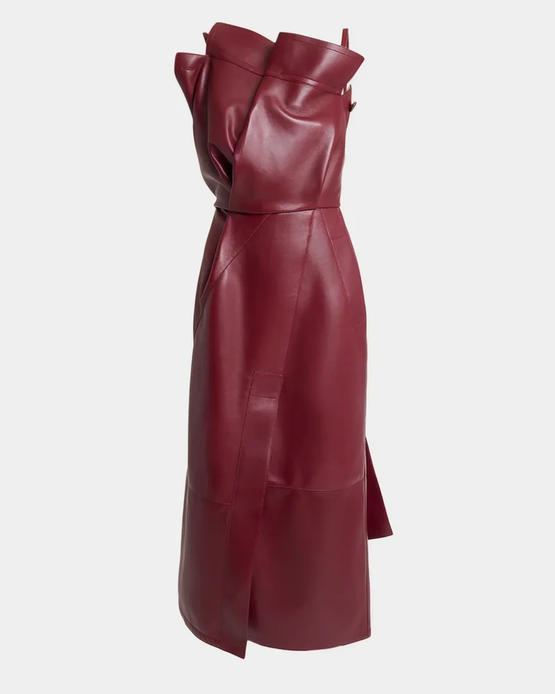 Asymmetric Ruffle Leather Midi Dress