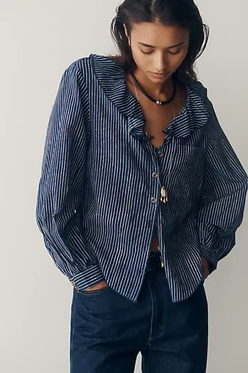 Pilcro Remy Shrunken Ruffle Collar Buttondown Shirt