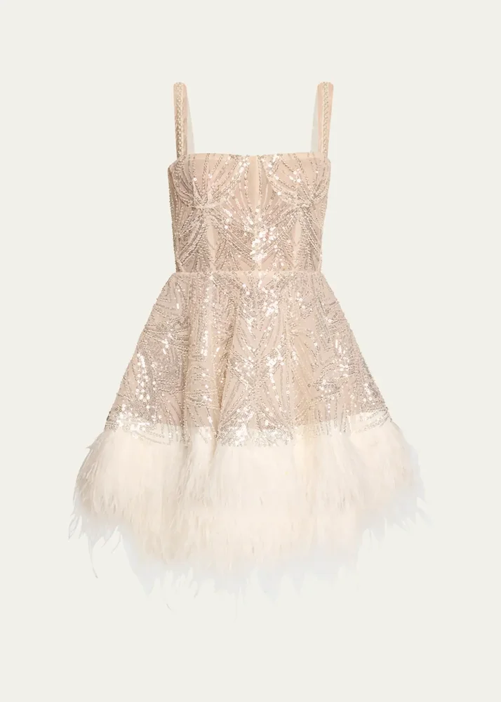 Mademoiselle Beaded Feather-Trim Mini Dress