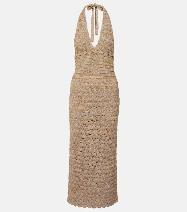 Open-knit linen-blend lamé midi dress