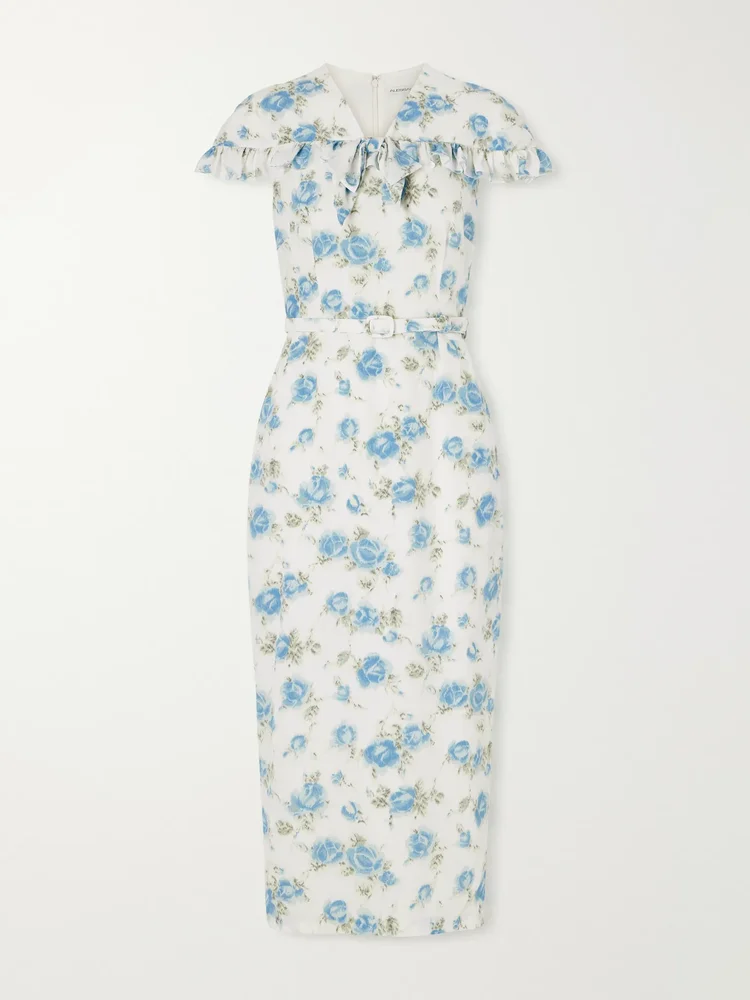 Belted floral-print ruffle-trim silk-crepe midi dress
