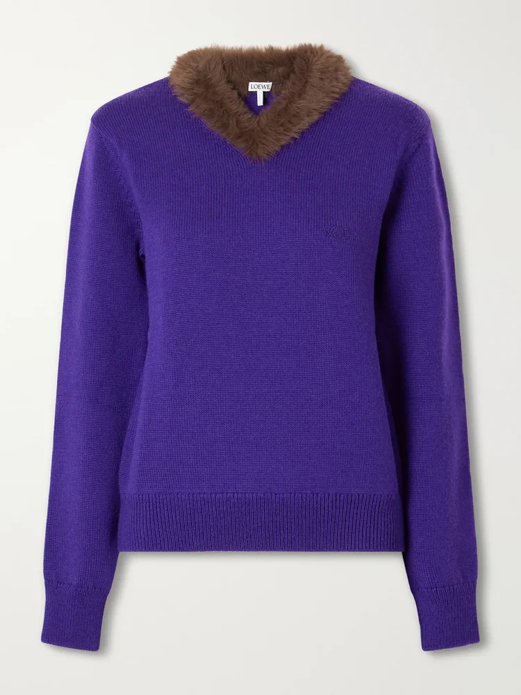 Plush-trimmed ribbed wool sweater