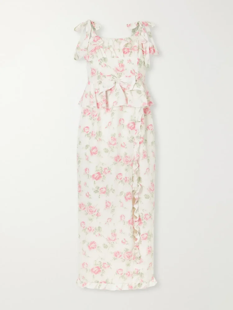 Ruffled floral-print silk dress