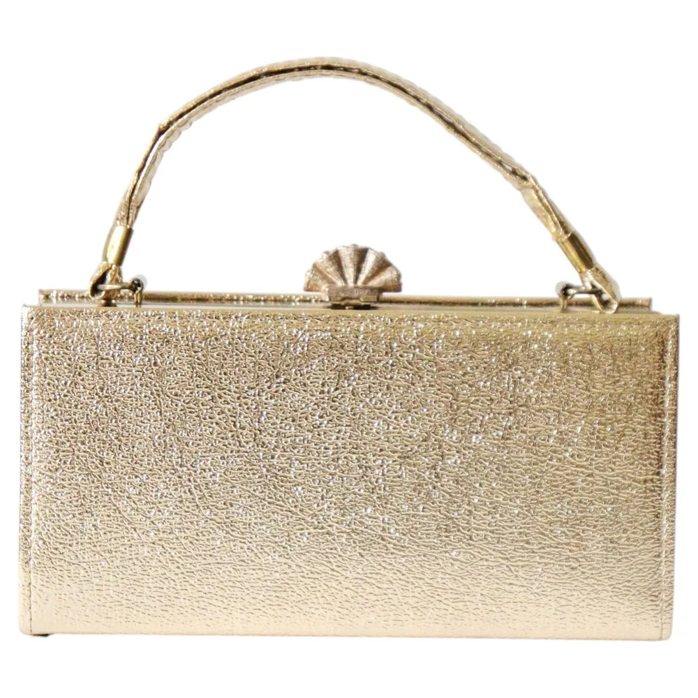 Vintage 1960's Gold Vinyl Box Bag Seashell Clasp Purse