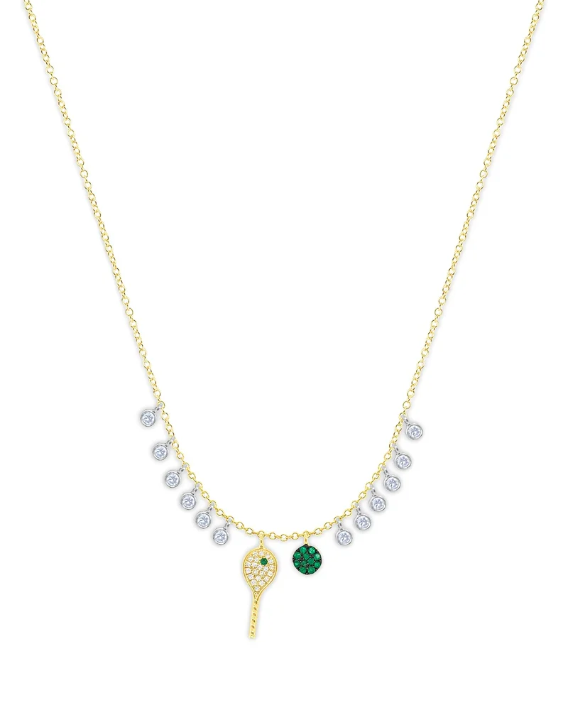 14K White & Yellow Gold Diamond & Emerald Tennis Ball & Racket Dangle Pendant Necklace, 16-18"