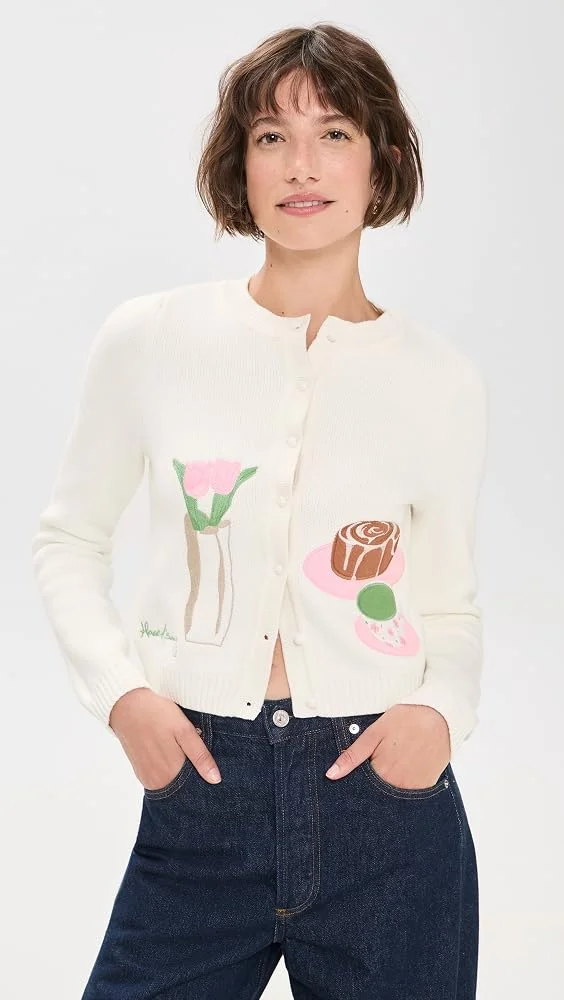 Collarless Picture Knit Cardigan