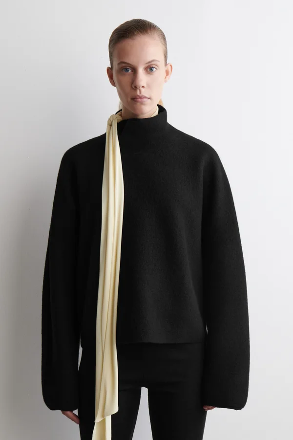 BOILED-WOOL FUNNEL-NECK SWEATER - BLACK
