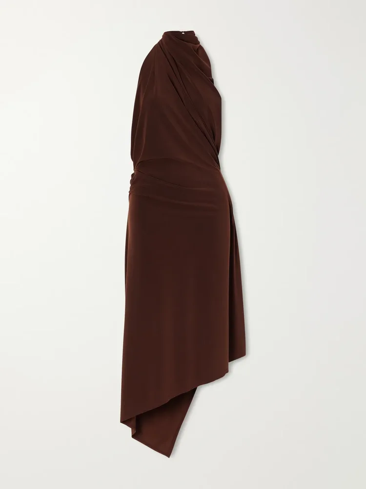 Asymmetric gathered jersey halterneck midi dress