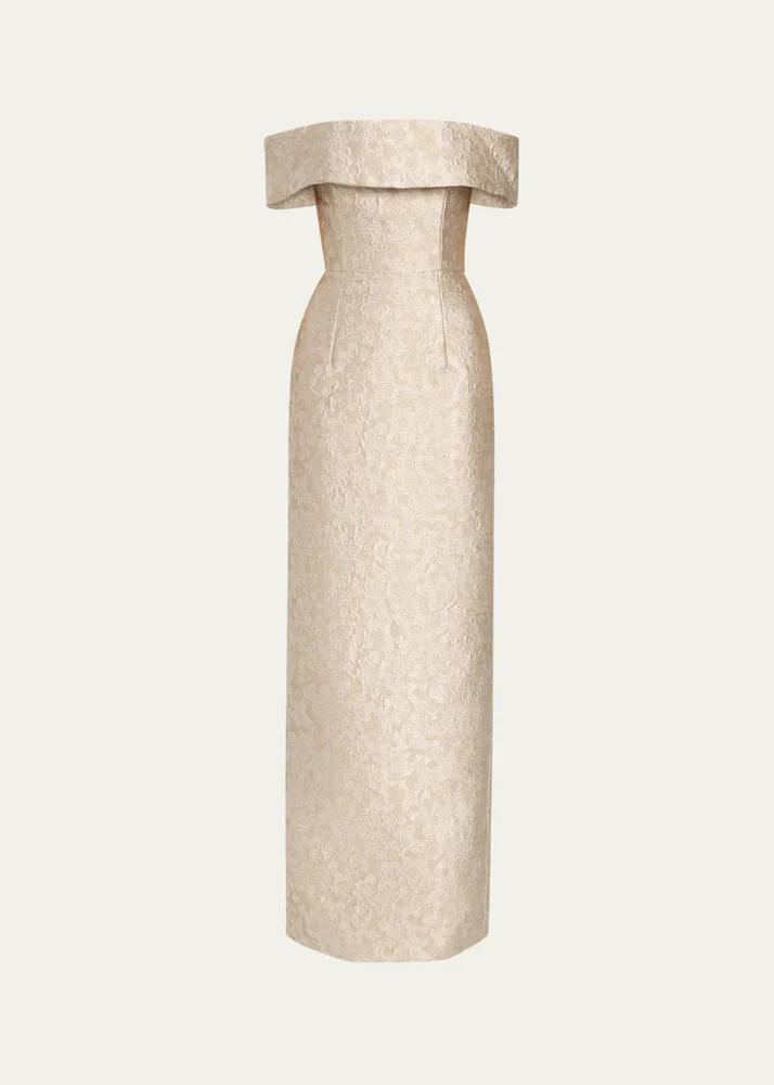 Clover Metallic Floral Jacquard Off-The-Shoulder Column Gown