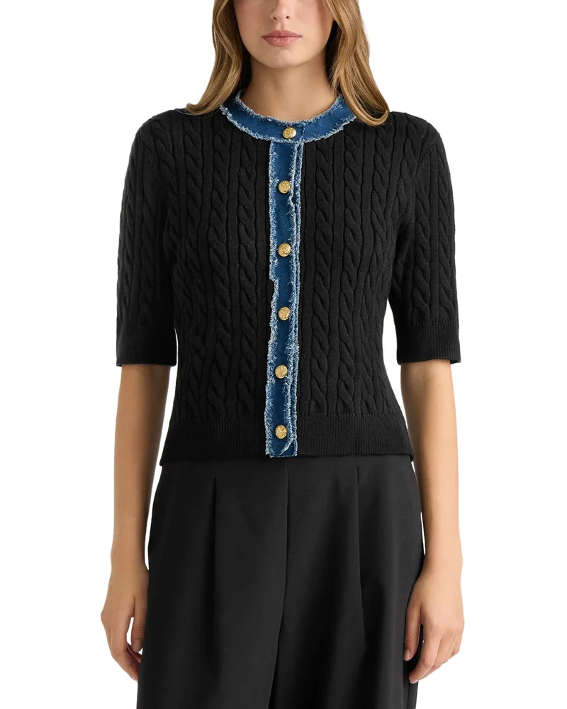 Denim Trim Cable Knit Short Sleeve Sweater