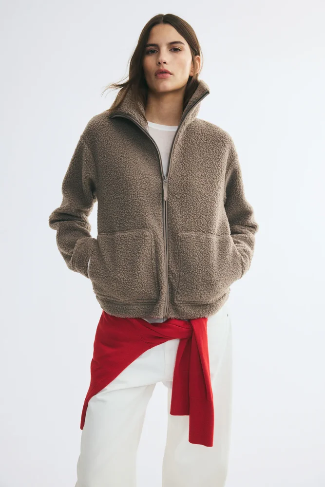Stand-Collar Teddy Fleece Zip Jacket