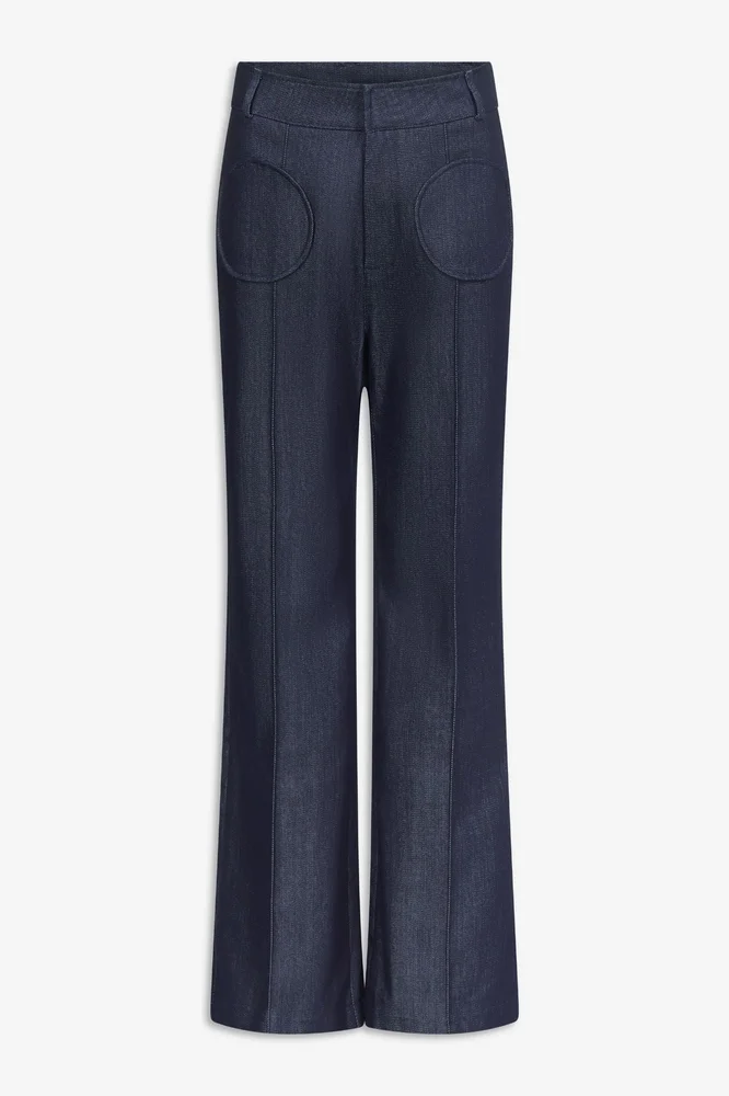 Dark blue denim straight pants with circular pocket details