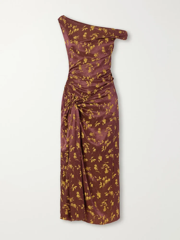 Floral-jacquard knot-detail satin midi dress