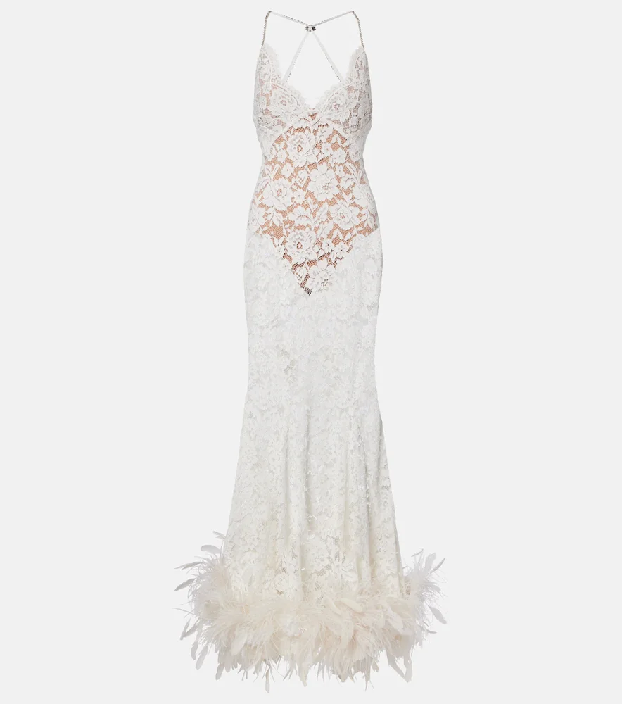 Open-Back Sheer Feather-Trimmed Lace Gown