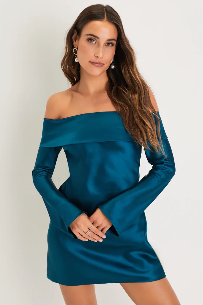 Luxurious Vision Teal Satin Off-the-Shoulder Mini Dress