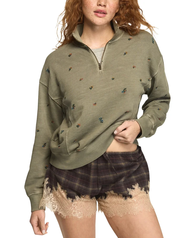 Mock Neck Quarter-Zip Embroidered Pullover Sweatshirt
