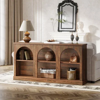 63-Inch Long Farmhouse Wooden Rectangular Entryway Console 3 Tier Storage Sofa Table Behind Couch