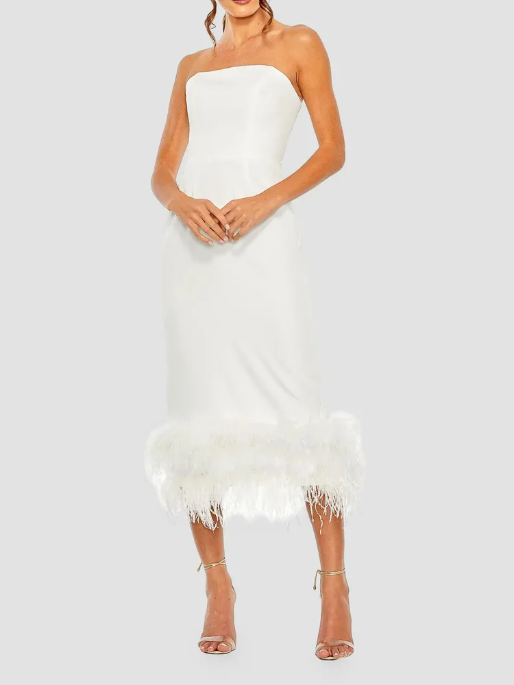 Feather-Trim Strapless Midi-Dress