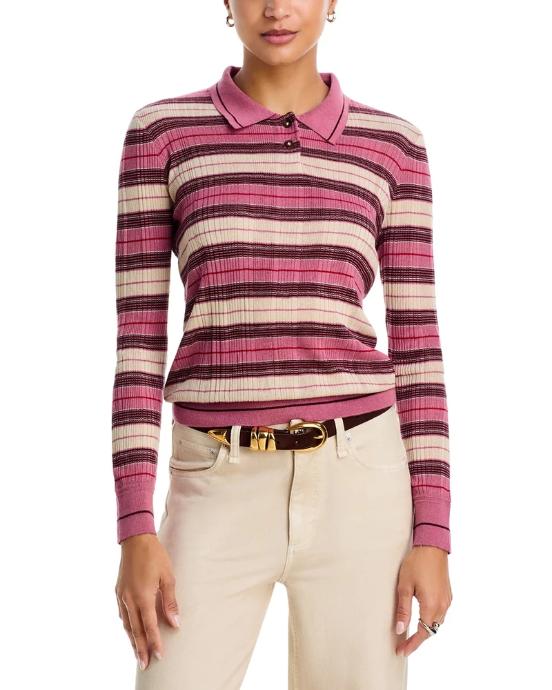 Teresa Silk Blend Striped Ribbed Polo Sweater