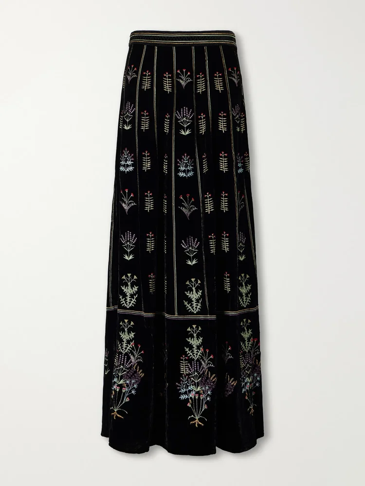 Camille Agra flower-embroidered velvet midi skirt