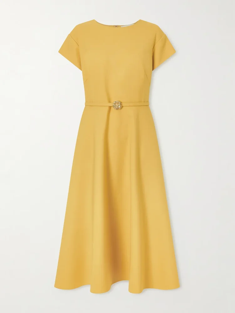 belted wool blend cady midi dress