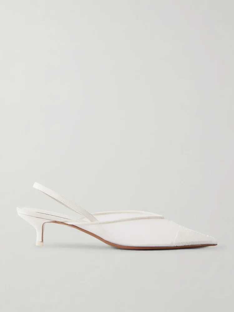 Irena lace and satin-trimmed mesh slingback pumps in White