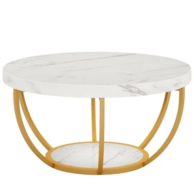 Modern Round Coffee Table, 31.7" 2 Tier Coffee Table With Faux White Marble And Golden Metal Legs, Circle Center Table Tea Table Accent Furniture For Living Room
