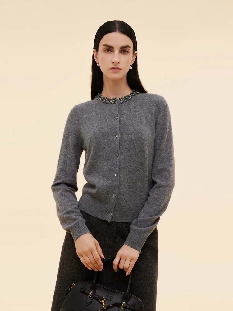 100% Wool Beaded Round Neck Women Cardigan