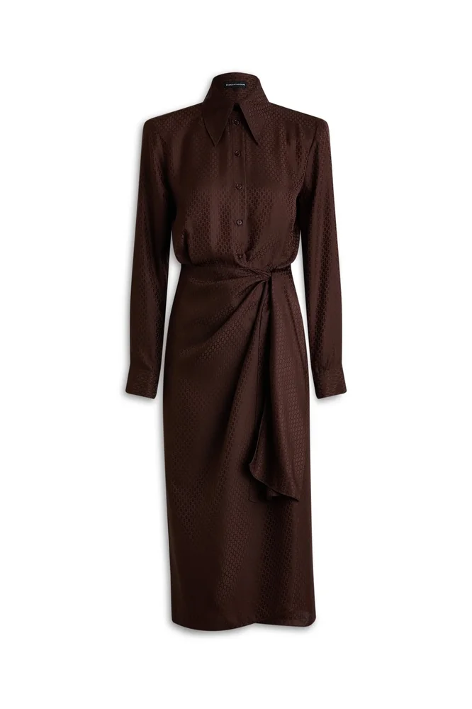 Silk Chain Jacquard Wrap Dress, Dark Spice