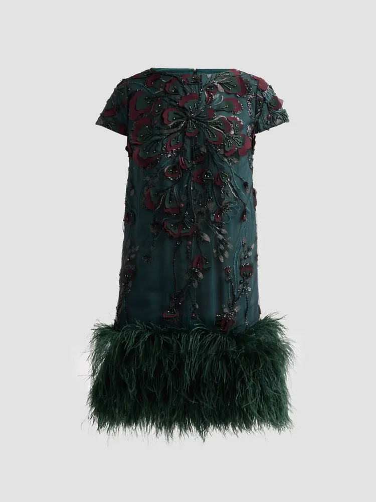 Embroidered Feather-Hem Cocktail Dress