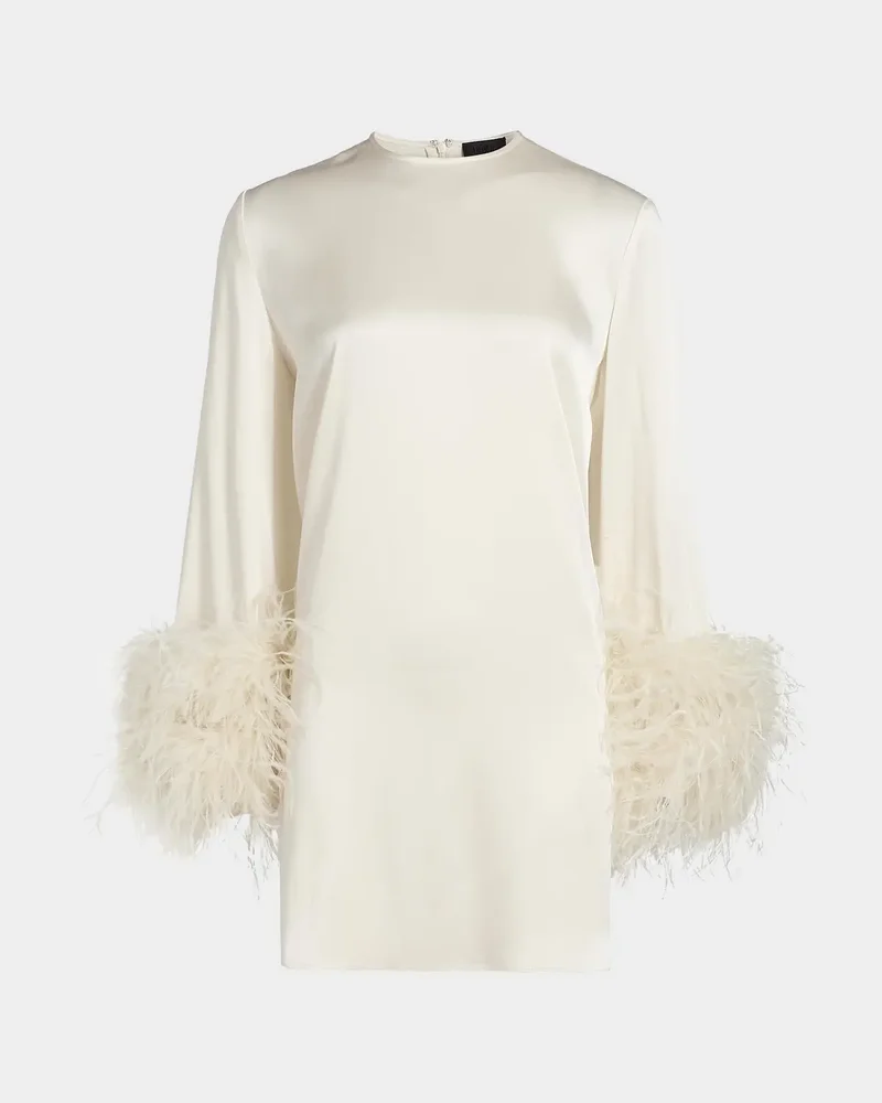 Feather-Embellished Long-Sleeve Satin Mini Shift Dress