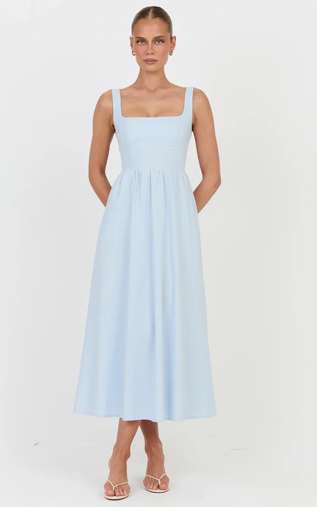 Khari Midi Dress, Linen Look Square A Line Dress in Blue