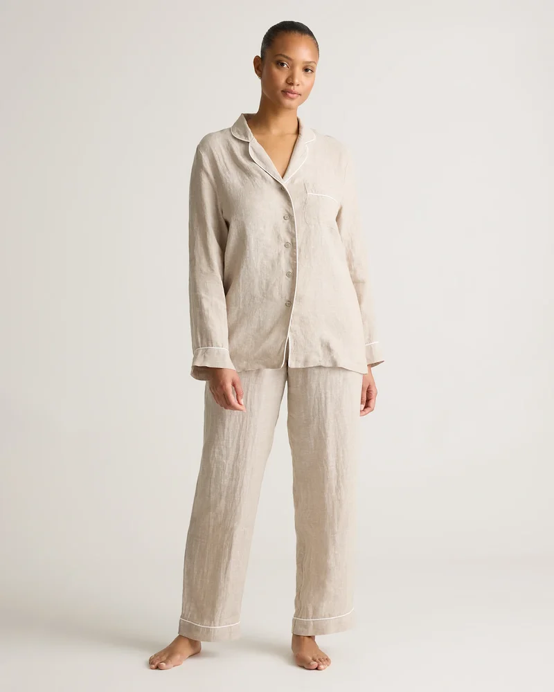 100% European Linen Long Sleeve Pajama Set with Piping