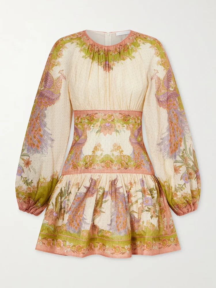 Indra Gathered Floral Print Metallic Cotton and Silk Blend Chartreuse Mini Dress