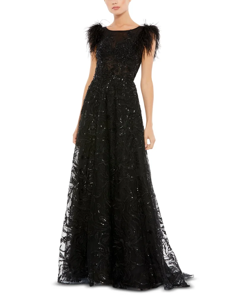 Women's Embellished Feather Cap Sleeve Bateau A Line Gown