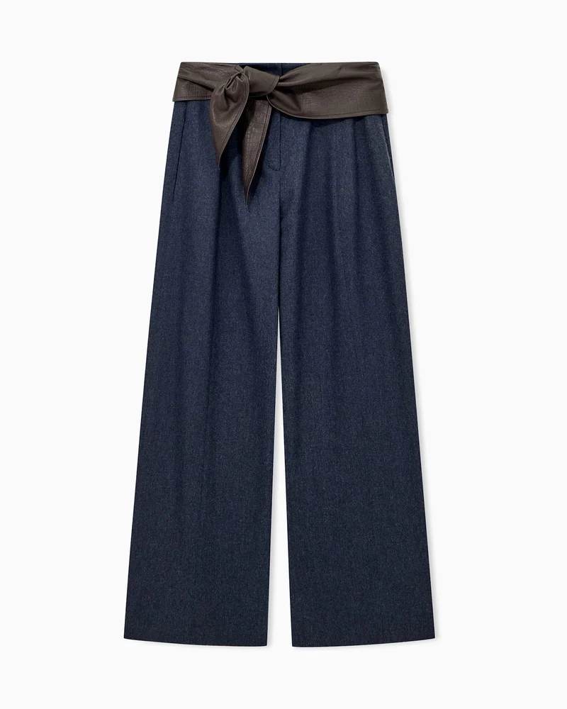 Trousers wide leg wool cashmere flannel with tied waistband