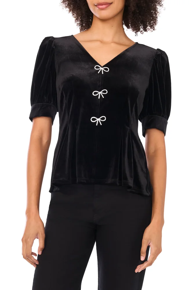 Rhinestone Bow Stretch Velvet Top